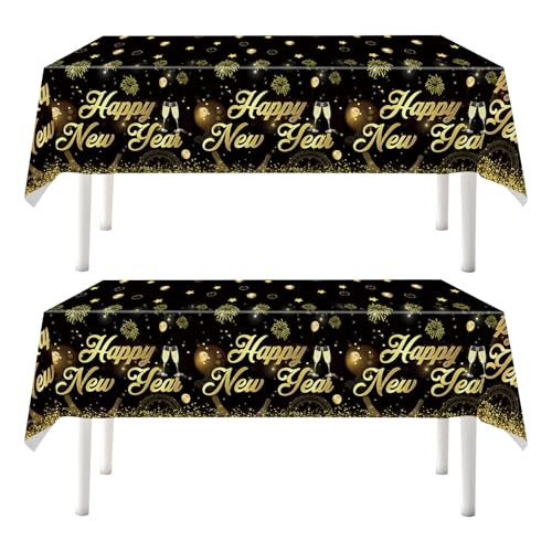 2 Stück Frohes Neues Jahr Party Tischdecke 137x274cm Happy New Year Tischdecke Einweg PVC Neujahr Tischdecken Rechteckig Schwarzes Gold Neujahr Tischläufer Neues Jahr Tisch Dekoration Silvester Decor von Satiskid