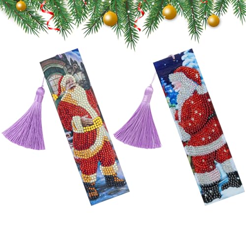 2 Stück Weihnachten Diamant Malerei Lesezeichen 5D DIY Santa Claus Diamond Painting Lesezeichen Voller Bohrer Stickerei Malerei nach Zahlen Seiten Markierungen für Weihnachten Kunst Handwerk Geschenk von Satiskid