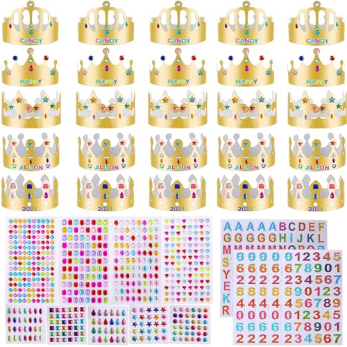 25 Pcs Papier Kronen Gold Papier Party Hüte mit 9 Blätter Strass Aufkleber und 10 Blätter Zahl Buchstaben Aufkleber, Goden Papier Party Krone Hüte DIY Prinzessin Prinz Krone Set für Geburtstagsparty von Satiskid