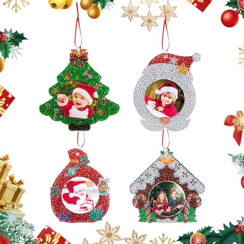 4 Stück Weihnachten Diamant Malerei Fotorahmen Ornamente DIY Weihnachten Diamant Kunst Bilderrahmen Hängenden Weihnachtsbaum Anhänger Ornament Diamond Painting Anhänger für Winter Weihnachten Deko von Satiskid