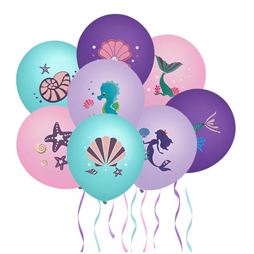 8 Stück Meerjungfrau Party Ballons, Meerjungfrau Thema Party Dekorationen, lila rosa grün Latex Ballons, Kinder Geburtstag Ballon-Set, Conch Seestern Seepferdchen Shell Meerjungfrau drucken Ballons von Satiskid