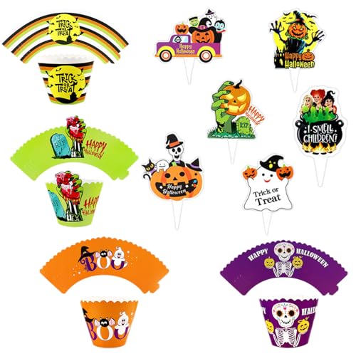 Satiskid 12 Stück Halloween Cupcake Verpackungen und 12 Stück Halloween Cupcake Toppers, Halloween Party Cupcake Dekorationen, Kürbis Cupcake Picks, Totenkopf Geist Cupcake Verpackungen von Satiskid