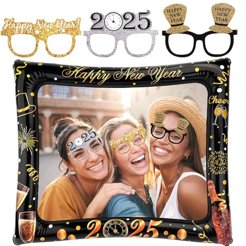 Satiskid 2025 Happy Silvester Party Foto Booth Requisiten Set, Gold und Schwarz Frohes Neues Jahr Aufblasbarer Fotorahmen Selfie Rahme mit 9 Stück Neues Jahr Brille für 2025 New Year Party Supplies von Satiskid