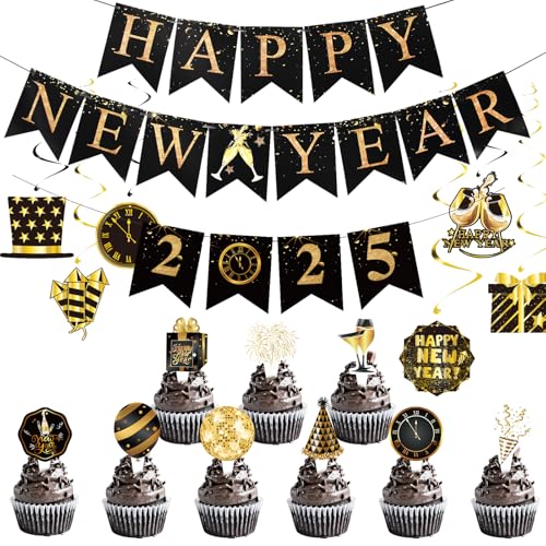 Satiskid 2025 Silvester Party Dekorationen, Happy New Year Banner und Decke hängende Wirbel, Silvester Party Cupcake Dekorationen, 2025 Silvester Party Decor Supplies für Home Indoor Outdoor von Satiskid