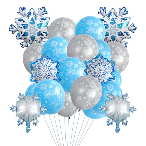 Satiskid 26 Stück Weihnachten Schneeflocke Folienballon, Weihnachten Winter Schneeflocke Luftballons für Geburtstag Baby Dusche Weihnachten Party Dekoration, blau & grau Latex Luftballons mit Band von Satiskid