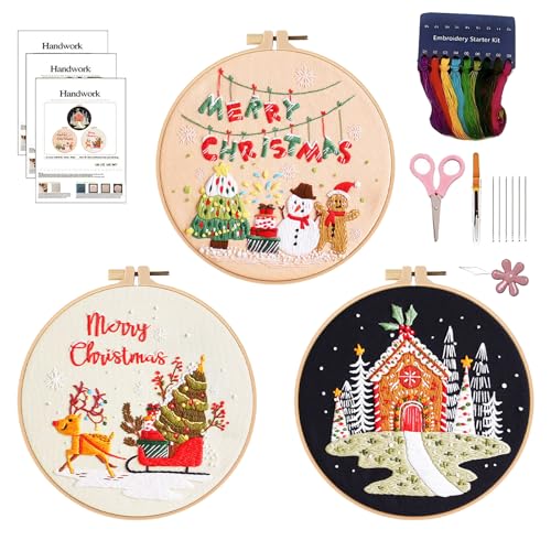 Satiskid 3 Pack Weihnachten Stickerei Kit, DIY gestempelt Kreuzstich-Kit mit gestempelten Stoff, Stickrahmen, Nadeln, Farbe Threads, Kreuzstich-Kits für Anfänger, Fröhliche Weihnachten Stickerei Kit von Satiskid