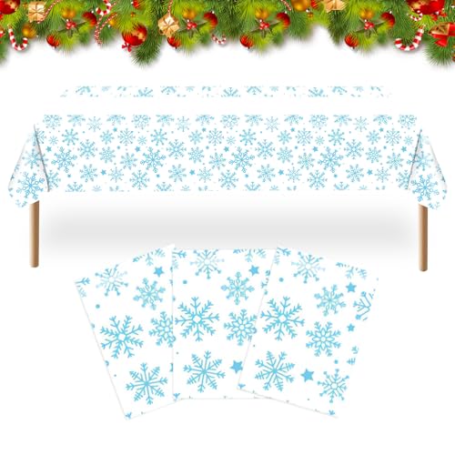 Satiskid 3 Stück Weihnachten Blau Schneeflocken Party Tischdecke, 108 x 178cm große Rechteck Kunststoff-Tischdecke für Weihnachten Party Dekoration, Winter Urlaub zu Hause Party Dekorationen von Satiskid