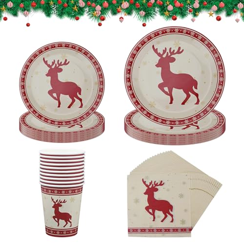 Satiskid 40 Stück Weihnachten Party Geschirr Set, rot Rentier Papier Abendessen Dessertteller Tassen und Servietten, Weihnachten Party Tischdekorationen, Weihnachten Party Supplies, serviert 10 von Satiskid