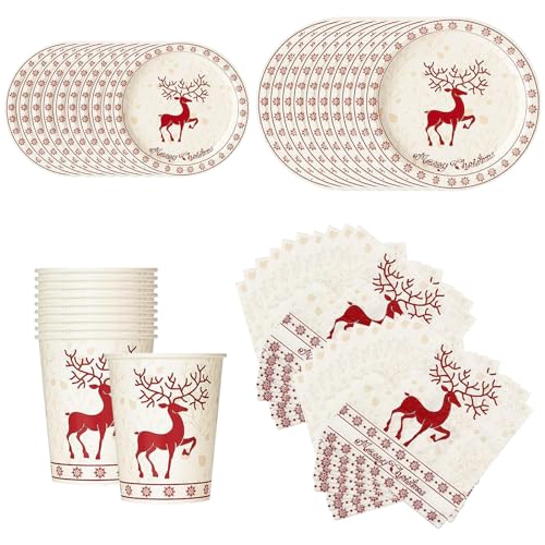 Satiskid 50 Stück Weihnachten Partygeschirr Set, 10 Gäste Weihnachten Pappteller Set, Roten Elch Partygeschirr Weihnachten Deko Set Mit Pappteller Becher Servietten Party Deko von Satiskid