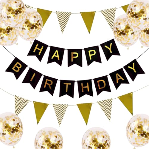 Satiskid Happy Birthday Girlande, Schwarz & Gold Geburtstag Dekoration, alles Gute zum Geburtstag Banner mit Ballons Set für Geburtstag Party Dekorationen (Schwarz & Gold) von Satiskid