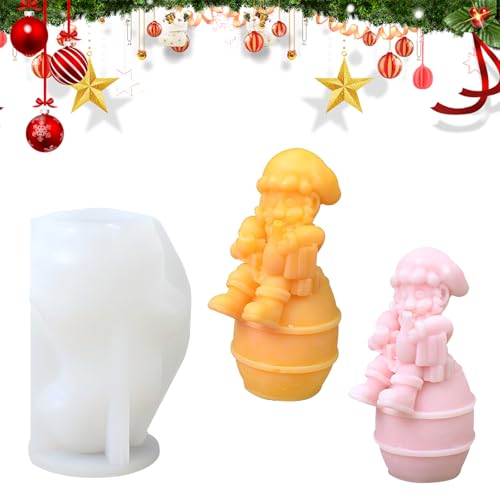 Satiskid Weihnachtskerzenform, 3D-Zwerg auf dem Fass sitzend, Weihnachts-Silikonformen, DIY Handwerk Gießform für Fondant Kuchen, Aromatherapie Kerze, Schokolade, Seife von Satiskid