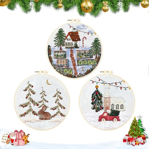 Weihnachten Stickerei Set Anfänger 3 Stück Kreuzstich-Kit mit Kunststoff-Stickrahmen und Starter Tools Anfänger Stickerei Set mit Weihnachtsmuster für DIY Weihnachtsdekoration (Gartenstil) von Satiskid