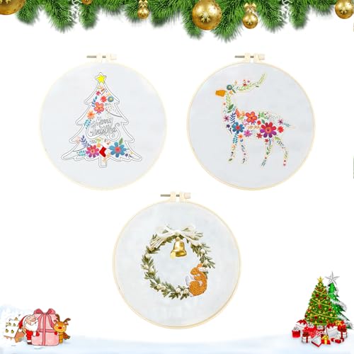 Weihnachten Stickerei Set Anfänger 3 Stück Kreuzstich-Kit mit Kunststoff-Stickrahmen und Starter Tools Anfänger Stickerei Set mit Weihnachtsmuster für DIY Weihnachtsdekoration (Weihnachtsbaum-Stil) von Satiskid