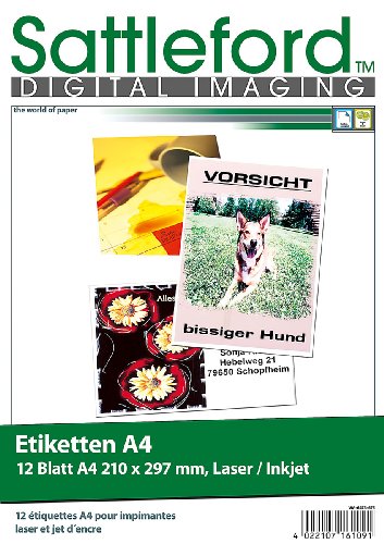 Sattleford Klebeetiketten: 12 Etiketten A4 210x297 mm für Laser/Inkjet (Etiketten Papier, Mini-Etiketten, Druckerpapier) von Sattleford