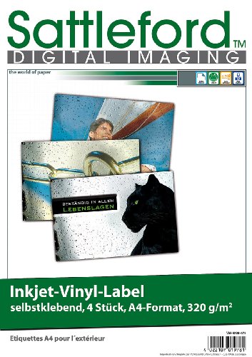 Sattleford Bedruckbare Vinylfolie: 4 Vinyl-Klebefolien für Inkjet-Drucker, wetterfest, DIN A4, weiß (Bedruckbare Vinylfolie wasserfest, Etiketten wetterfest, Tintenstrahldrucker) von Sattleford