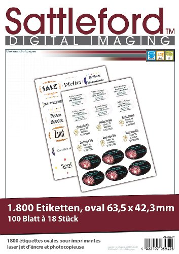 Sattleford Laserdrucker-Etiketten: 1800 Etiketten oval 63,5x42,3 mm für Laser/Inkjet (Univeral-Etiketten, Marmelade-Aufkleber, Druckerpapier) von Sattleford