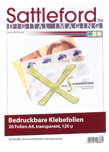 Sattleford Klebefolie zum bedrucken: 20 Klebefolien A4 transparent für Inkjet (Etiketten transparent Inkjet, Klebefolie bedruckbar, durchsichtige Tintenstrahldrucker) von Sattleford