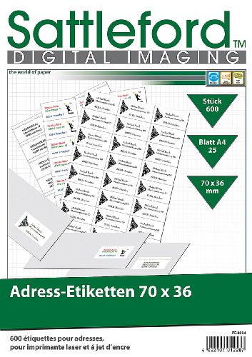 Sattleford Selbstklebende Etiketten: 600 Adress-Etiketten 70x36 mm Universal für Laser/Inkjet (Laserdruck-Etiketten, Universal-Inkjet-Druck-Etiketten, Druckerpapier) von Sattleford