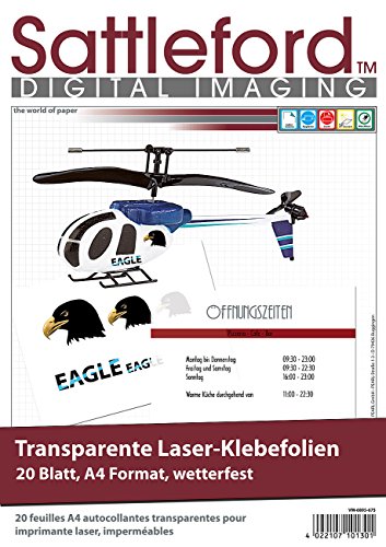 Sattleford Drucker Folie: 20 Klebefolien A4 für Laserdrucker transparent (Klebefolie bedrucken Laserdrucker, Klebefolie Laser, (klar) wischfest selbstklebend) von Sattleford