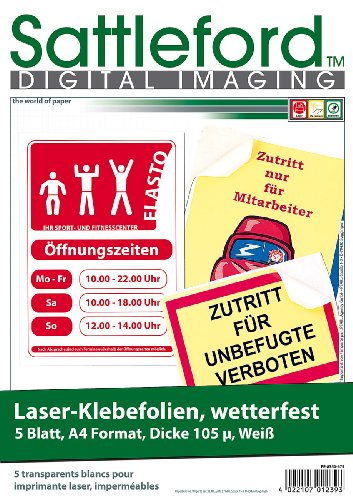 Sattleford Folie Laserdrucker: 5 Klebefolien wetterfest A4 für Laserdrucker weiß (Laserfolie, Fotopapier selbstklebend, Farblaserdrucker) von Sattleford