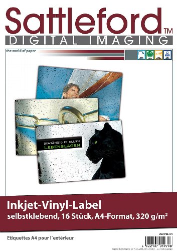 Sattleford Inkjet Vinyl Label: 16 Vinyl-Klebefolien für Inkjet-Drucker, wetterfest, DIN A4, weiß (Vinylfolie, Inkjet Etiketten wetterfest, Wetterfeste Tintenstrahldrucker) von Sattleford
