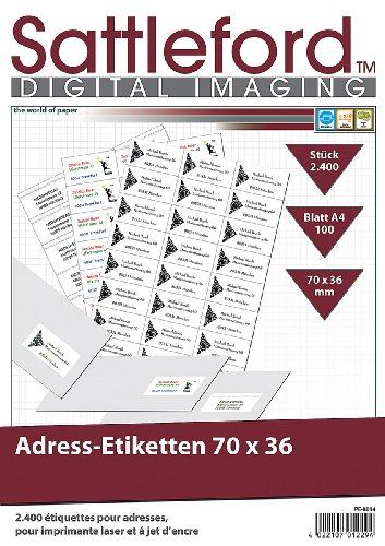 Sattleford Adressetiketten: 2400 Adress-Etiketten 70x36 mm Universal für Laser/Inkjet (Klebeettiketten, Drucker-Etiketten, Selbstklebende) von Sattleford