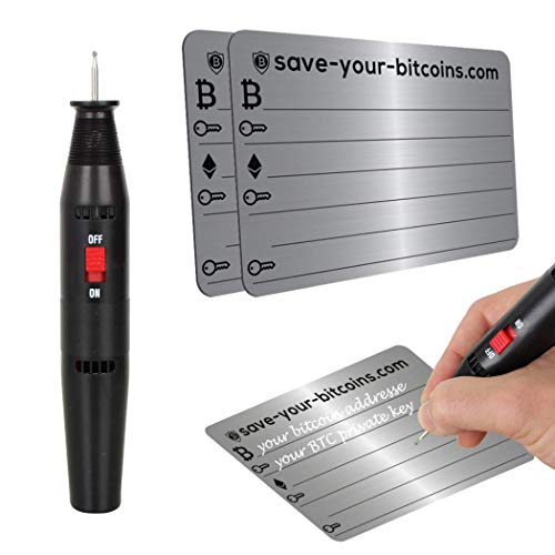 Save-Your-Bitcoins Private Key - Recovery Metallplatte aus Edelstahl (V4A), Kit mit 2 Platten + Gravierstift von Save-Your-Bitcoins