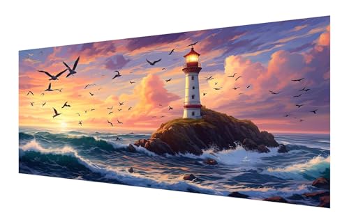 Diamond Painting Ozean, 5D Leuchtturm Diamant Painting Bilder Erwachsene, DIY Vollbohrer Cross Stickerei Diamant Kunst Malerei, Diamond Painting Groß XXL für Zimmer Wanddeko Geschenk 70x140cm P-131 von Saweefog