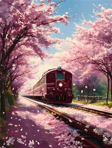 Diamond Painting Set für Erwachsene, Train Cherry Blossoms Diamant Painting Bilder Kinder, DIY Mosaikherstellung Malen Nach Zahlen Full Drill Stickerei Malerei Kits für Home Wand Décor 80x120cm P-8674 von Saweefog