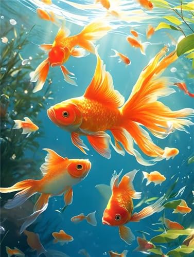 Goldenes Fischmeer Diamond Painting Erwachsene, 5D Diamant Painting Bilder Kinder, Vollbohrer Diamant Kunst Malerei Stickerei Set, Basteln Geschenk Mädchen, Kreuzstich Home Wand Dekor 90x135cm P-8855 von Saweefog