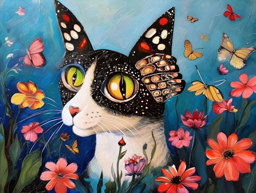 Malen Nach Zahlen erwachsene, Malen Nach Zahlen Kinder, Handgemalt Ölgemälde Kit für Anfänger Mit 3-Pinseln und Acrylfarbe, Paint By Numbers Bastelset Geschenke, Ohne Rahmen 45x60cm Katze Blume M-283 von Saweefog