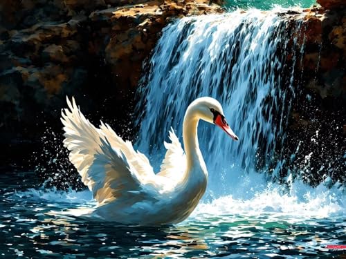 Wasserfall Schwan Diamond Painting Erwachsene, 5D Diamant Painting Bilder Kinder, Vollbohrer Diamant Kunst Malerei Stickerei Set, Basteln Geschenk Mädchen, Kreuzstich Home Wand Dekor 90x135cm P-4559 von Saweefog