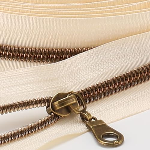 Sawoake 9m Bulk Zipper, (#5) Reißverschlüsse zum Nähen, Beige Nylon Coil Zipper mit Antique Brass zähnen, Ersatz Nähreißverschluss mit 20PCS Reißverschluss Sliders(#5 Beige Antique Brass) von Sawoake