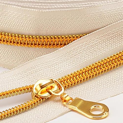 Sawoake 9m Bulk Zipper, (#5) Reißverschlüsse zum Nähen, Beige Nylon Coil Zipper mit Gold zähnen, Ersatz Nähreißverschluss mit 20PCS Reißverschluss Sliders(#5 Beige Gold) von Sawoake