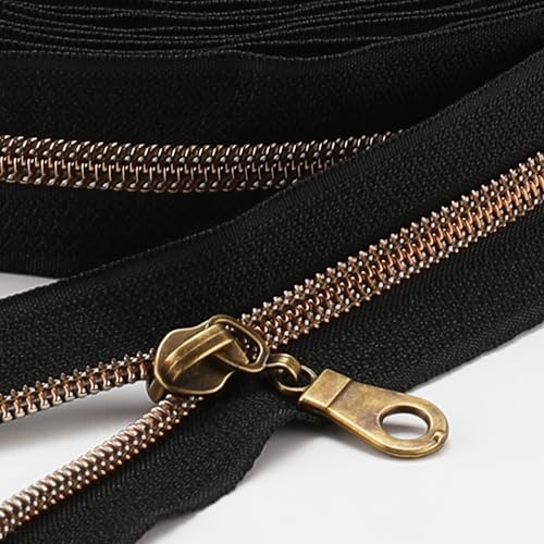 Sawoake 9m Bulk Zipper, (#5) Reißverschlüsse zum Nähen, Black Nylon Coil Zipper mit Antique Brass zähnen, Ersatz Nähreißverschluss mit 20PCS Reißverschluss Sliders(#5 Black Antique Brass) von Sawoake