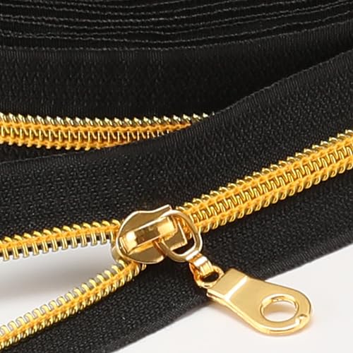 Sawoake 9m Bulk Zipper, (#5) Reißverschlüsse zum Nähen, Black Nylon Coil Zipper mit Gold zähnen, Ersatz Nähreißverschluss mit 20PCS Reißverschluss Sliders(#5 Black Gold) von Sawoake