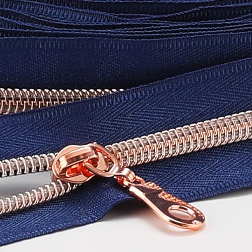 Sawoake 9m Bulk Zipper, (#5) Reißverschlüsse zum Nähen, NavyBlue Nylon Coil Zipper mit Rose Gold zähnen, Ersatz Nähreißverschluss mit 20PCS Reißverschluss Sliders(#5 NavyBlue Rose Gold) von Sawoake