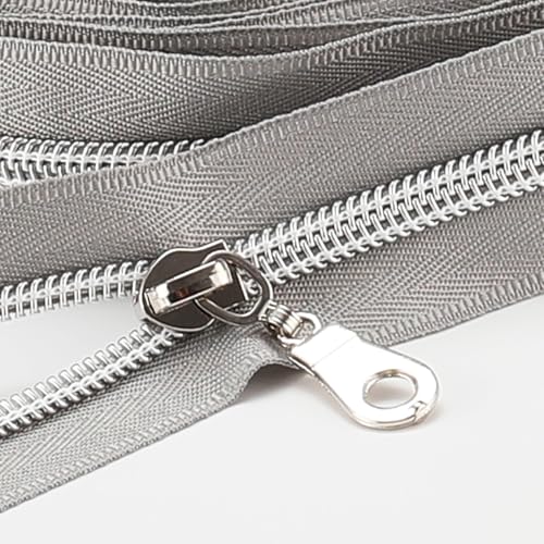 Sawoake 9m Bulk Zipper, (#5) Reißverschlüsse zum Nähen, Silver Nylon Coil Zipper mit Silver zähnen, Ersatz Nähreißverschluss mit 20PCS Reißverschluss Sliders(#5 Silver Silver) von Sawoake