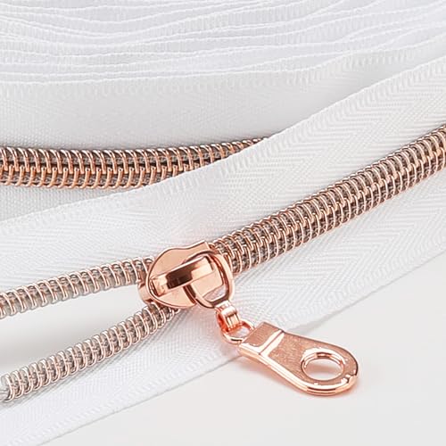 Sawoake 9m Bulk Zipper, (#5) Reißverschlüsse zum Nähen, White Nylon Coil Zipper mit Rose Gold zähnen, Ersatz Nähreißverschluss mit 20PCS Reißverschluss Sliders(#5 White Rose Gold) von Sawoake