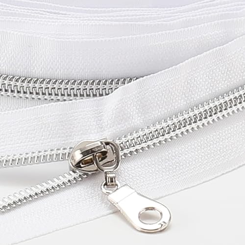 Sawoake 9m Bulk Zipper, (#5) Reißverschlüsse zum Nähen, White Nylon Coil Zipper mit Silver zähnen, Ersatz Nähreißverschluss mit 20PCS Reißverschluss Sliders(#5 White Silver) von Sawoake