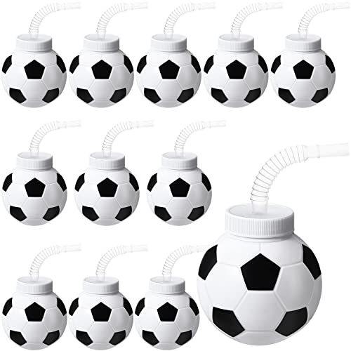 12 Set Fußballbecher mit Strohhalmen und Deckeln, 284 ml, Kunststoff, wiederverwendbar, für Kindergeburtstage, Mottoparty von Sawysine