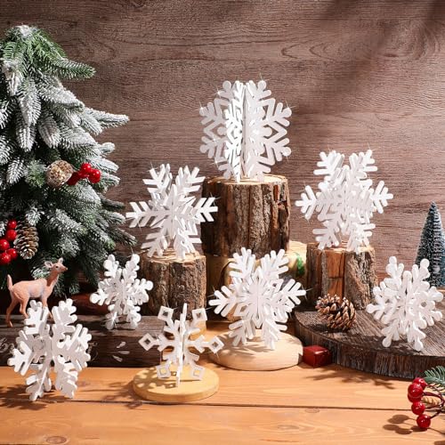 Sawysine 16 Stück Glitzer Weihnachten Holz 3D Schneeflocke Dekor Tischplatte Dekorationen Schneeflocke Schilder Winter Holz Xmas Stehend Mittelstück Kamin Dekoration für Winter Weihnachten (Weiß) von Sawysine