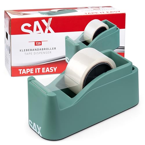 SAX Tape it Easy XXL Einhand Klebeband Abroller extra Schwer | für 1x 50mm Band oder 2x 25mm Band, Paketbandabroller mit Stiftehalter Funktion, rutschfest, inkl. doppelseitige Klinge, Salbeigrün von Sax