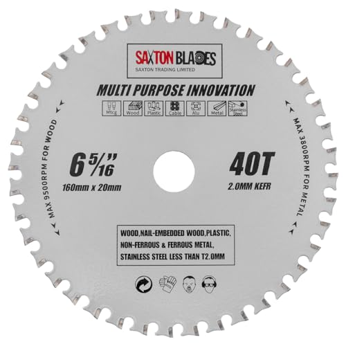 Saxton TCT16040TMPT Mehrzweck-Kreissägeblatt, 160 mm x 40 T x 20 mm Bohrung (16 mm Ring), Holz und Metall, passend für Festool, Bosch, Dewalt etc von Saxton Blades