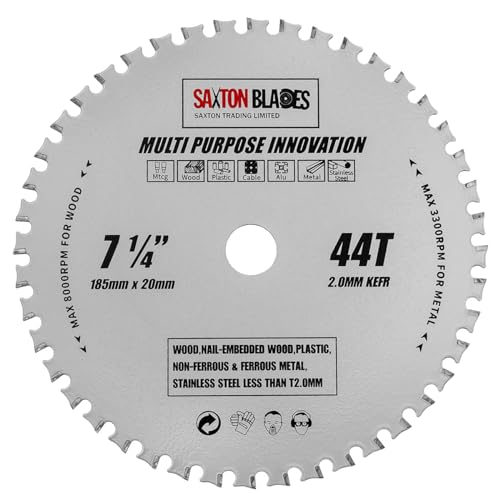 TCT18544TMPT20B Saxton TCT Mehrzweck-Kreissägeblatt, 185 mm x 44 T x 20 mm Bohrung (16 mm Ring), Holz und Metall, passend für Evolution Bosch Dewalt Ryobi Makita etc von Saxton Blades