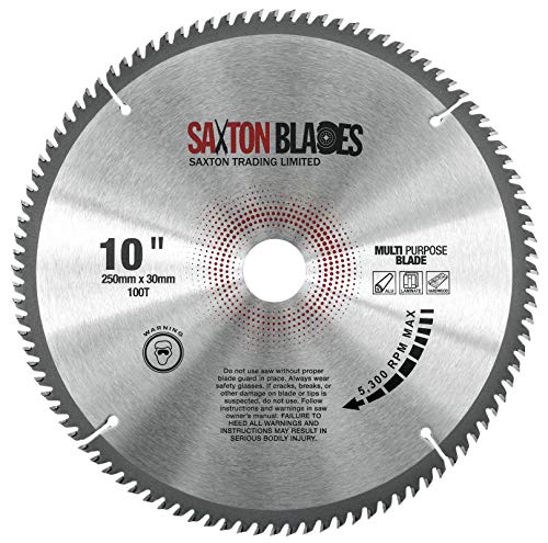 TCT250100TTCG Saxton TCT Kreissägeblatt 250 mm x 100 T x 30 mm Bohrung (16, 20, 25 mm und 25,4 mm Ring), Aluminium-Laminat-Hartholz von Saxton Tools