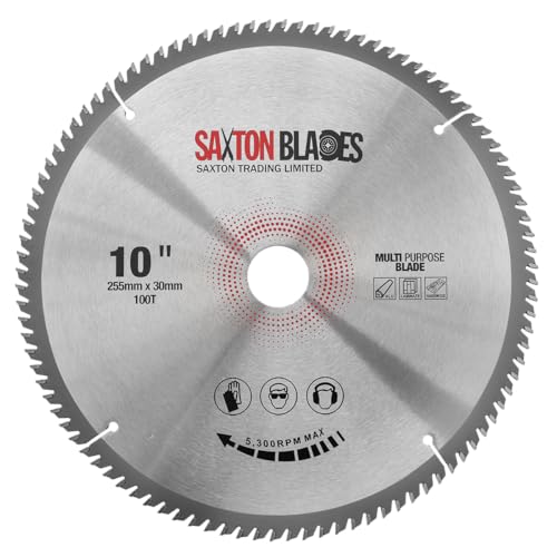 TCT255100TTCG Saxton TCT Kreissägeblatt 255 mm x 100 T x 30 mm Bohrung (16, 20, 25 mm und 25,4 mm Ring), Aluminium-Laminat-Hartholz von Saxton Tools