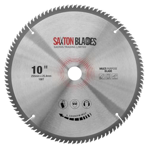 TCT255100TTCG254B Saxton TCT Kreissägeblatt 255 mm x 100 T x 25,4 mm Bohrung, Aluminium-Laminat, Hartholz, passend für Evolution von Saxton Tools