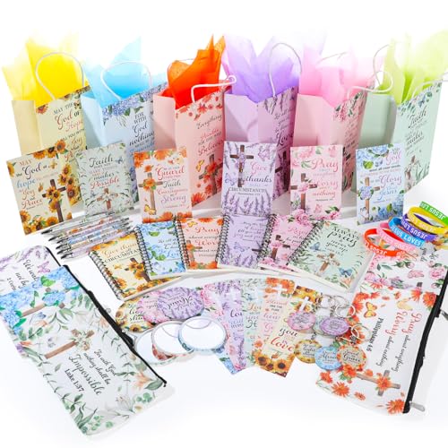 Sayglossy 54-teiliges christliches Geschenk-Set mit Bibel-Notizbuch, Kugelschreiber, Kosmetiktaschen, Bibelvers, Papiertüten, religiöses Lesezeichen und Geschenkkarte, Armband, Schlüsselanhänger für von Sayglossy