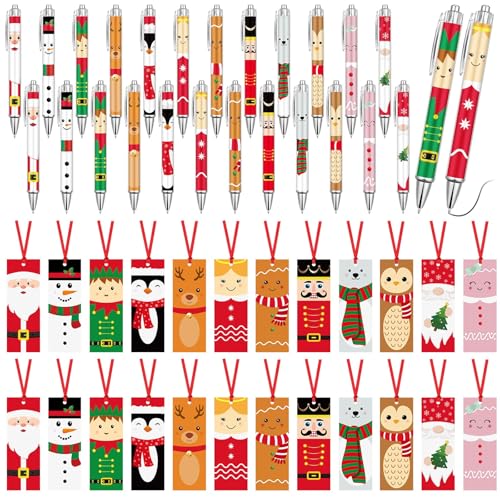 Sayglossy 96-teiliges Weihnachts-Lesezeichen und Kugelschreiber-Set, niedliche Lesezeichen, einziehbarer Stift für Studenten, Urlaub, Party, Gastgeschenke, Schulbedarf von Sayglossy